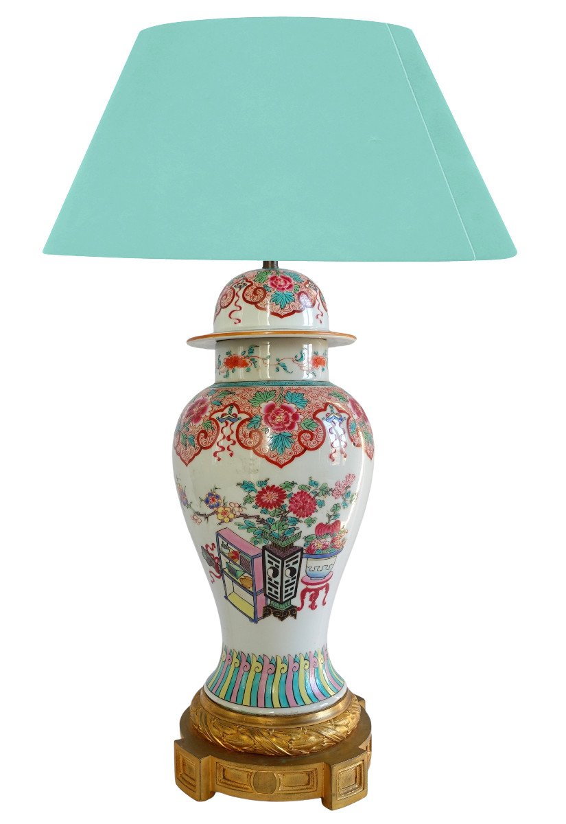 Potiche Lamp In Chinese Porcelain, Famille Rose And Gilt Bronze Napoleon III Period