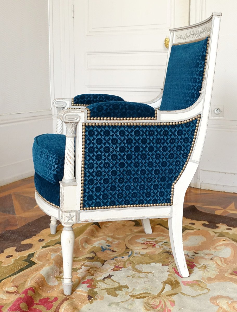 Bergère Office Armchair From The Directoire Period Lacquered Wood & Frappé Velvet Lelièvre - Bonvallet-photo-4