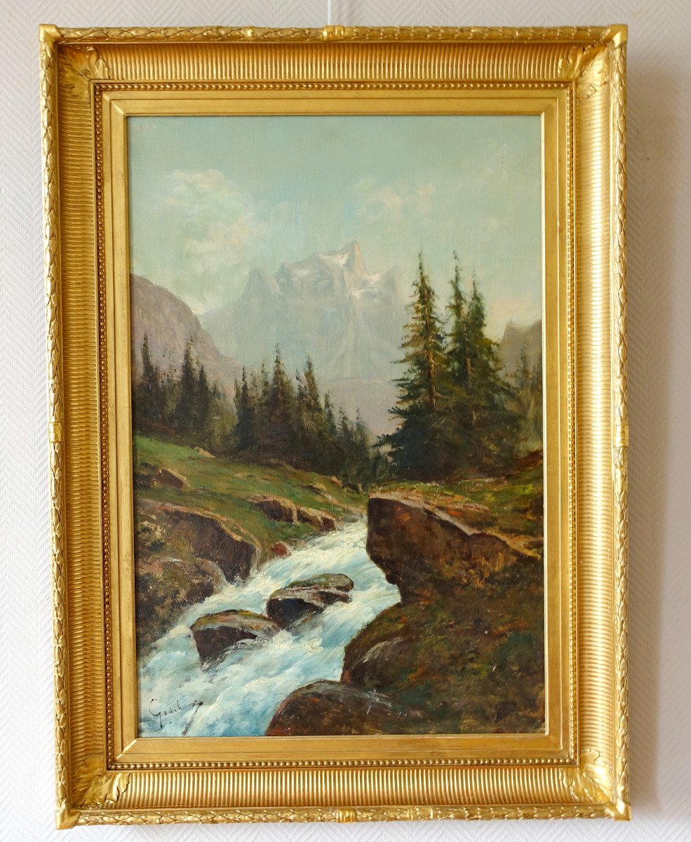 Emile Godchaux : Tall Oil On Canvas, Mountain Landscape - 82.5cm X 113.5cm