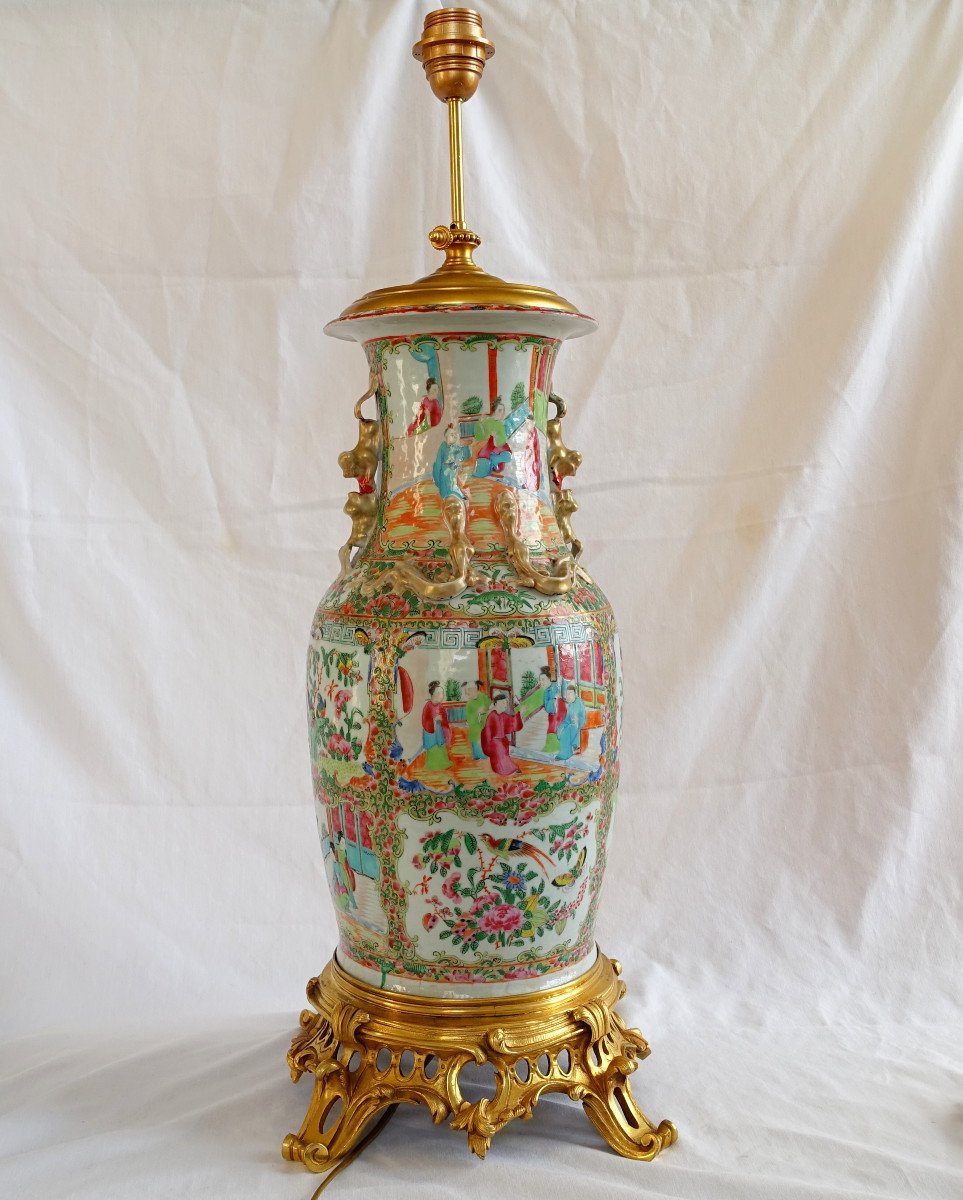 China: Large Gilt Bronze Mounted Potiche In Canton Porcelain, Lamp Base 75cm-photo-2