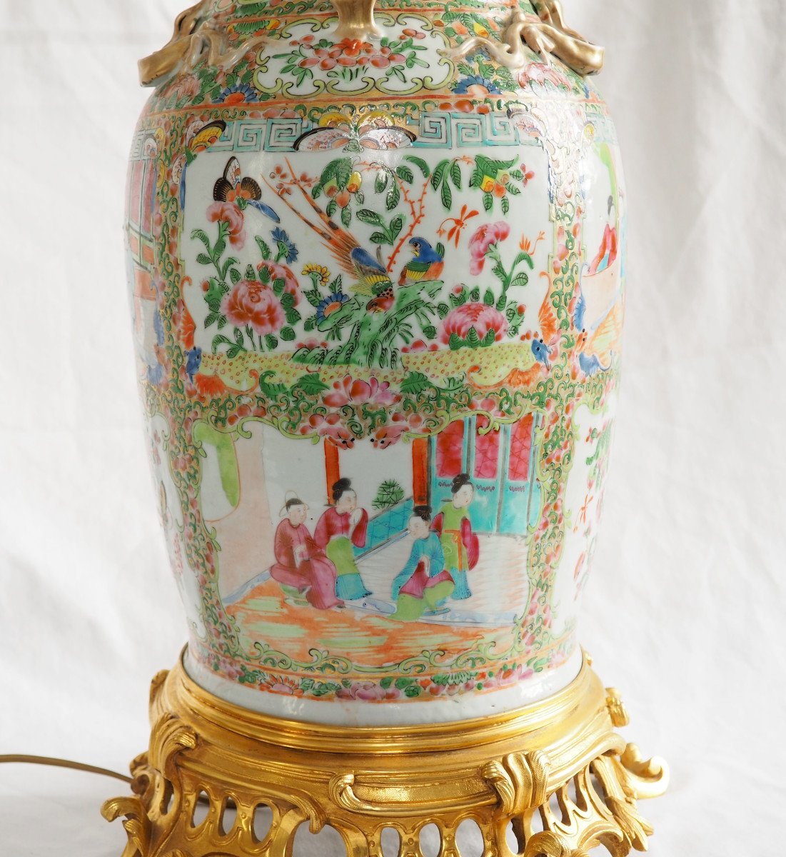 China: Large Gilt Bronze Mounted Potiche In Canton Porcelain, Lamp Base 75cm-photo-3