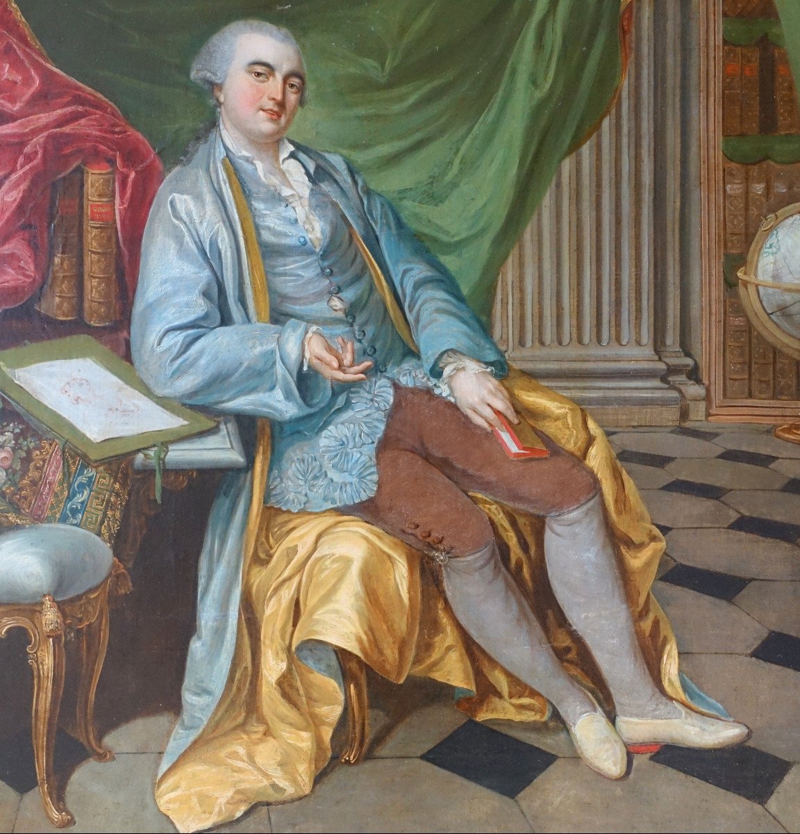 Ceremonial Portrait, Gentleman With Red Heels In His Cabinet - Louis XV Period - 75.5x90cm -photo-3