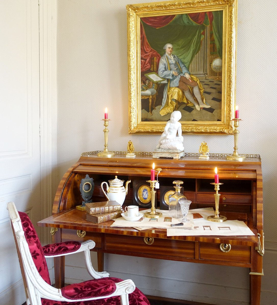 Ceremonial Portrait, Gentleman With Red Heels In His Cabinet - Louis XV Period - 75.5x90cm -photo-8