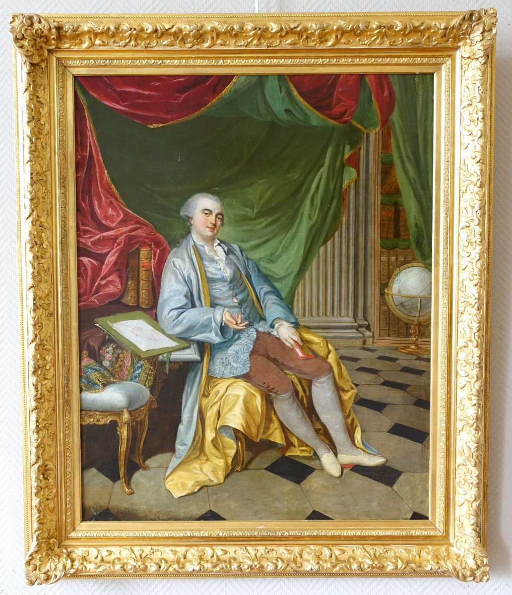 Portrait d'Apparat, Gentilhomme à Talons Rouge Dans Son Cabinet - époque Louis XV - 75,5x90cm 