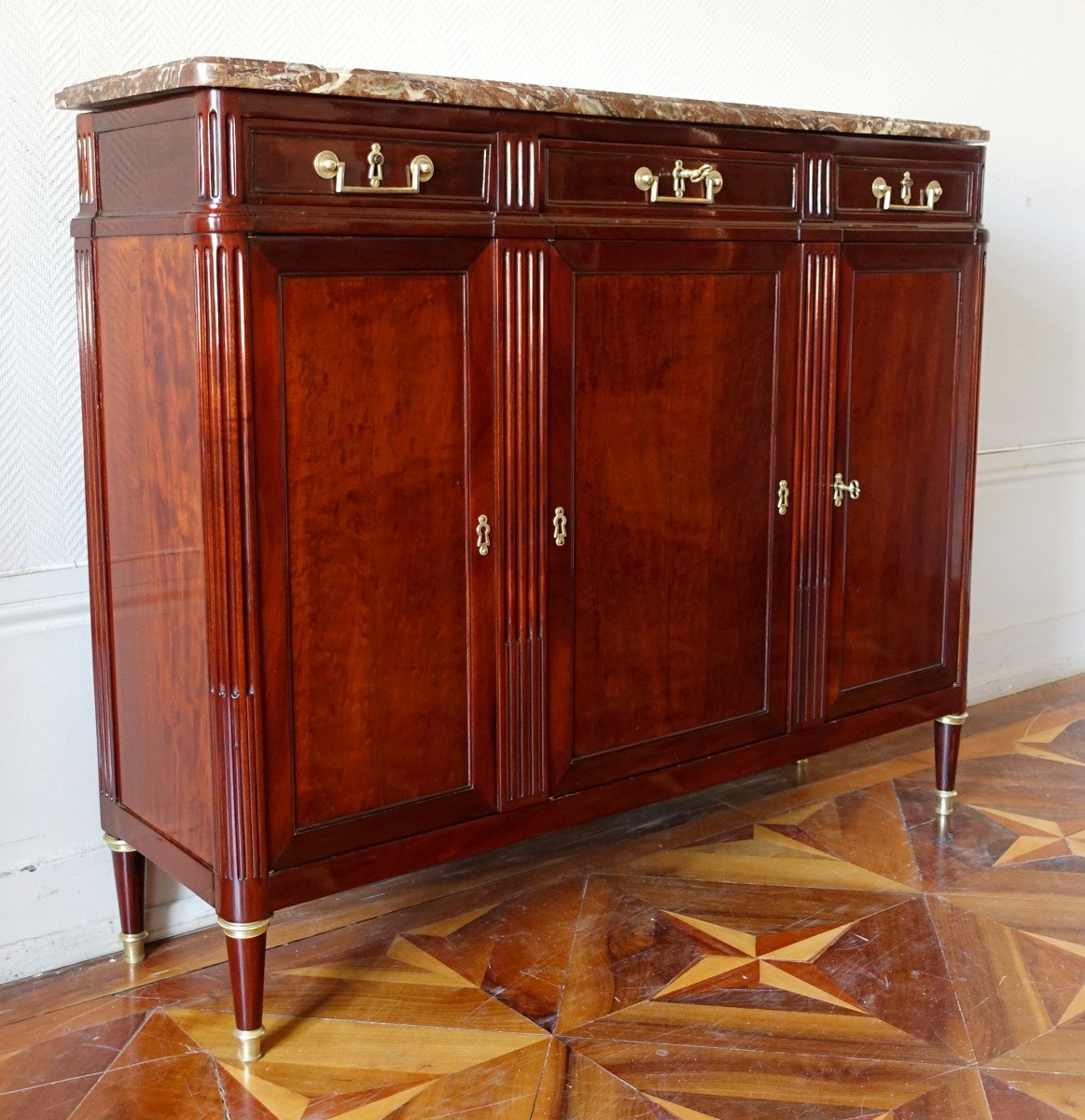 Louis XVI Period Buffet Of Shallow Depth In Speckled Mahogany 125.5 X 35 X 103cm-photo-2