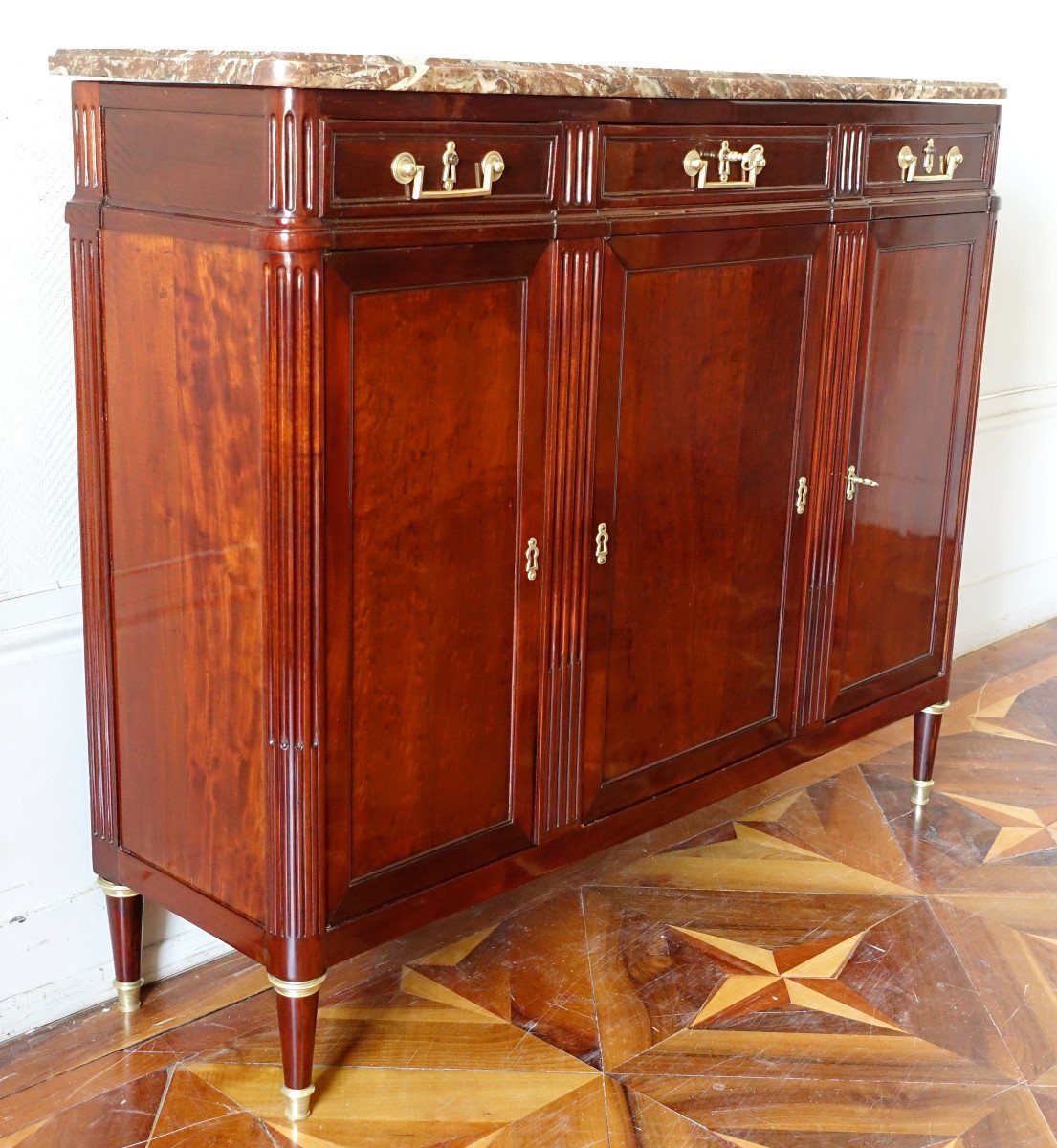 Louis XVI Period Buffet Of Shallow Depth In Speckled Mahogany 125.5 X 35 X 103cm-photo-2