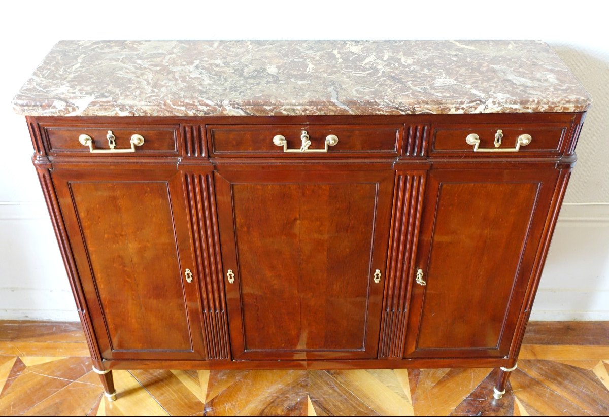 Louis XVI Period Buffet Of Shallow Depth In Speckled Mahogany 125.5 X 35 X 103cm-photo-3