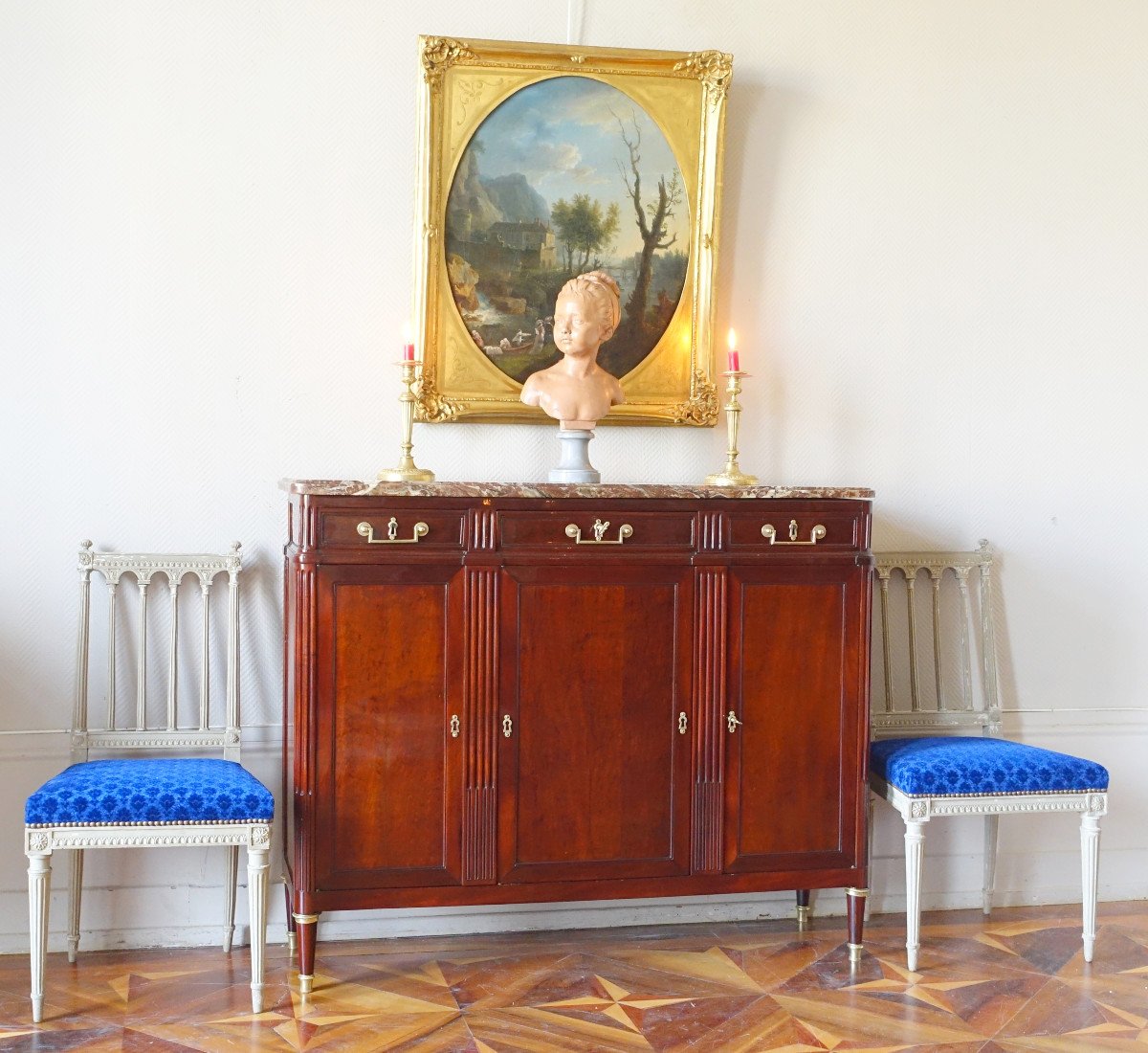 Louis XVI Period Buffet Of Shallow Depth In Speckled Mahogany 125.5 X 35 X 103cm-photo-7