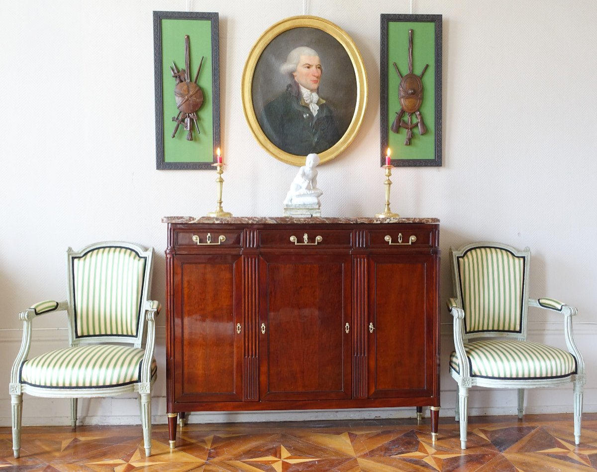 Louis XVI Period Buffet Of Shallow Depth In Speckled Mahogany 125.5 X 35 X 103cm-photo-8