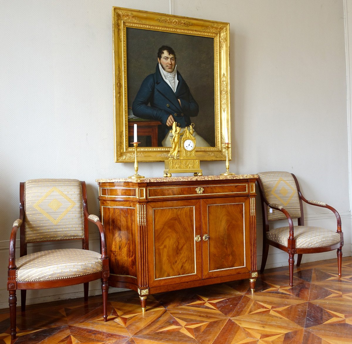 Door Chest / Buffet In Directoire Mahogany In Inverted Half Moon - Brocatelle Marble Spain-photo-6