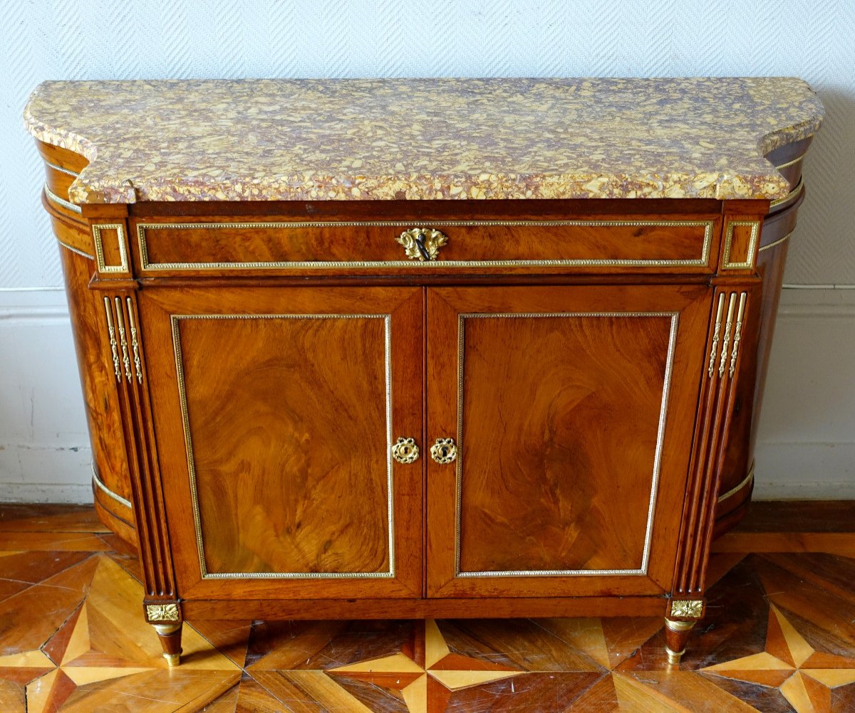 Door Chest / Buffet In Directoire Mahogany In Inverted Half Moon - Brocatelle Marble Spain