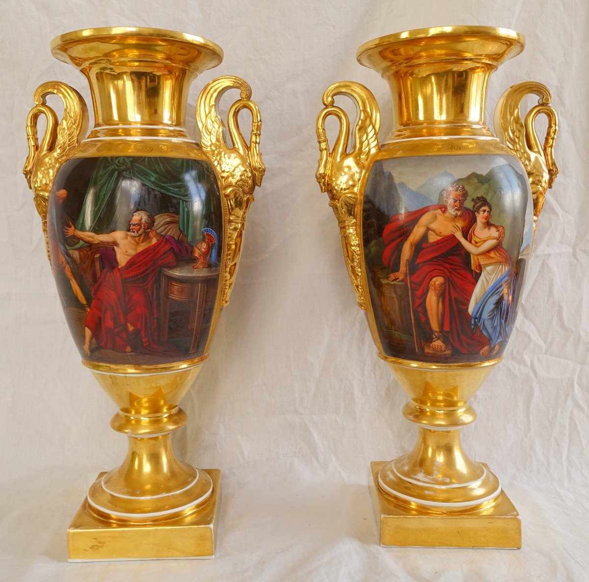 Pair Of Tall Empire Porcelain Vases - The Story Of Belisaire - 41cm-photo-2