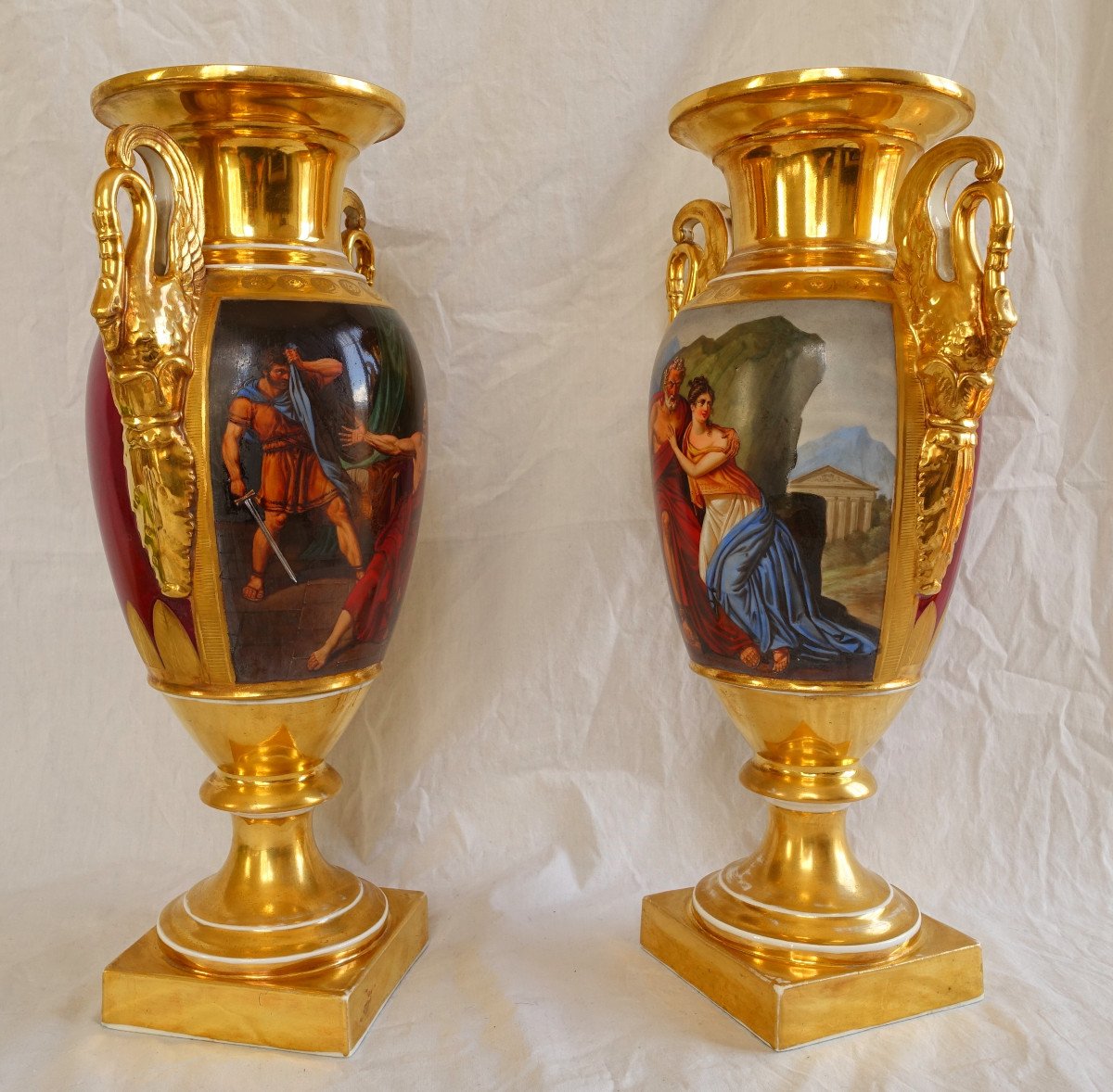 Pair Of Tall Empire Porcelain Vases - The Story Of Belisaire - 41cm-photo-4