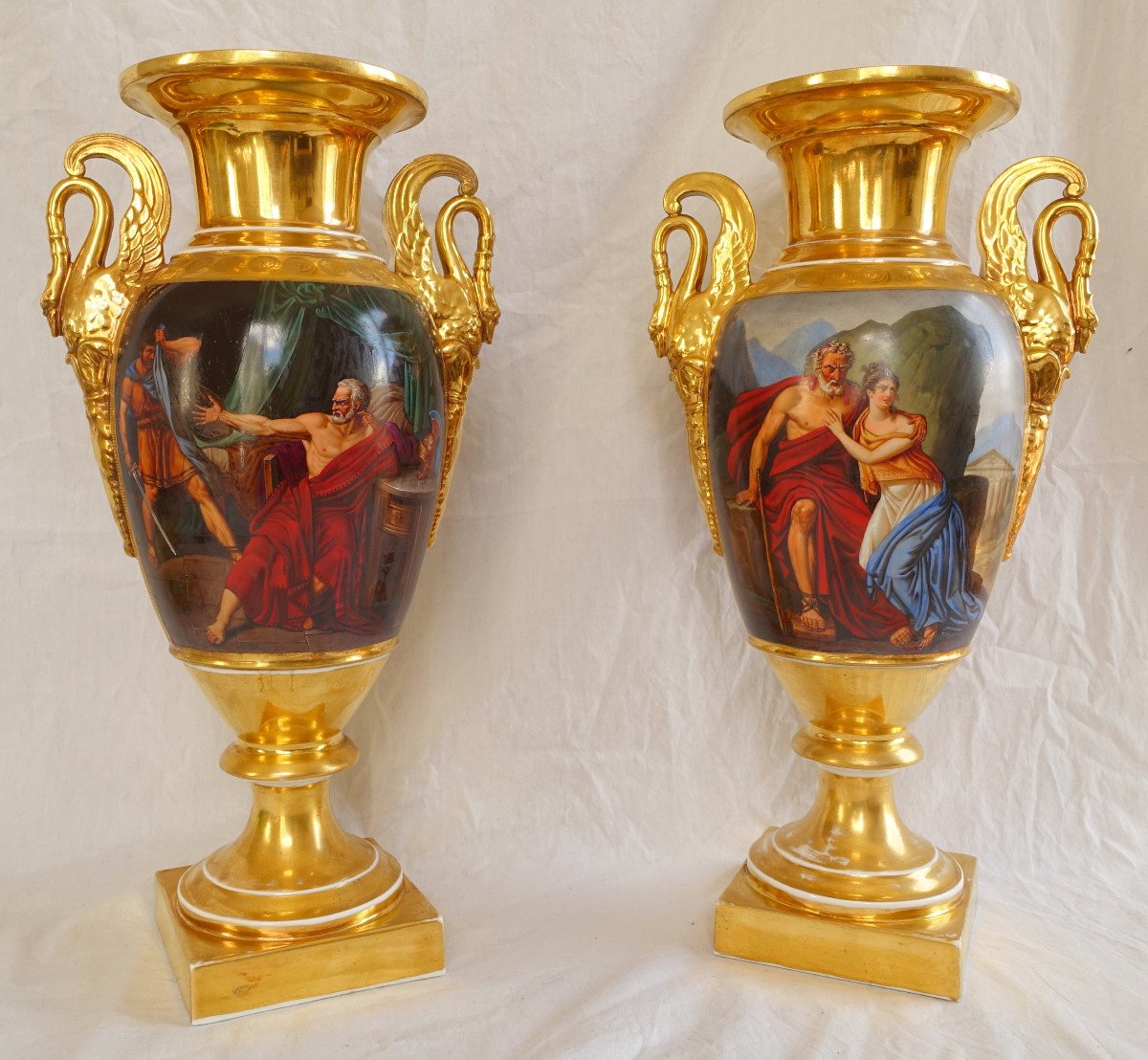 Pair Of Tall Empire Porcelain Vases - The Story Of Belisaire - 41cm