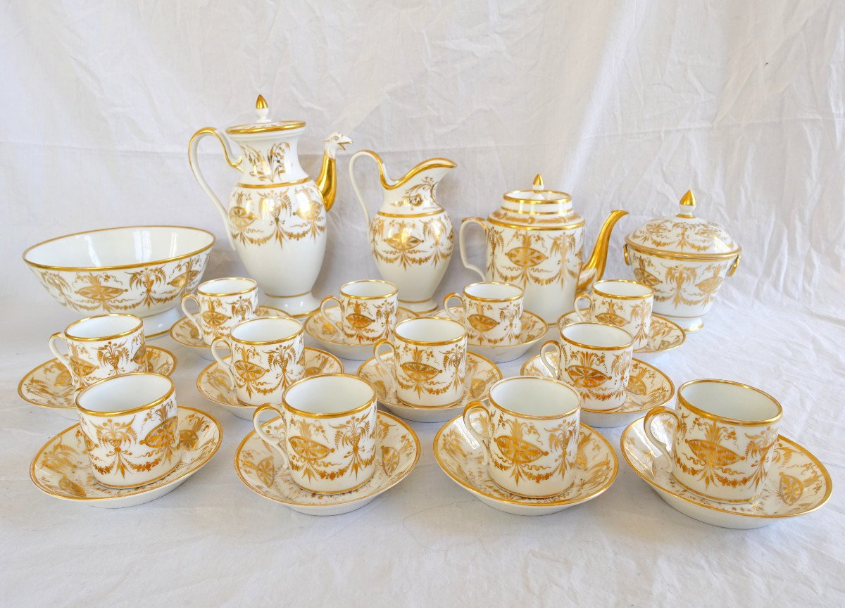 Manufacture Locré :  Service à Café Complet Pour 12 Porcelaine Dorée d'époque Directoire 17pces