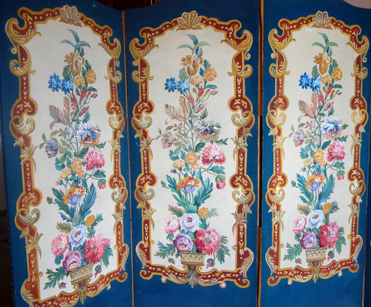 The Attics Of A Château - Painted Canvas Screen From The Napoleon III Period - Louis XV Style 19th-photo-2