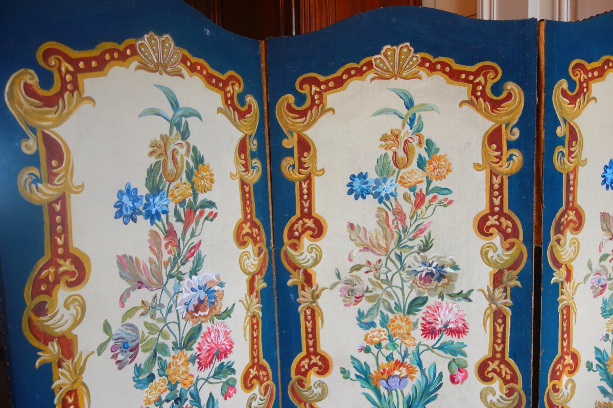 The Attics Of A Château - Painted Canvas Screen From The Napoleon III Period - Louis XV Style 19th-photo-3