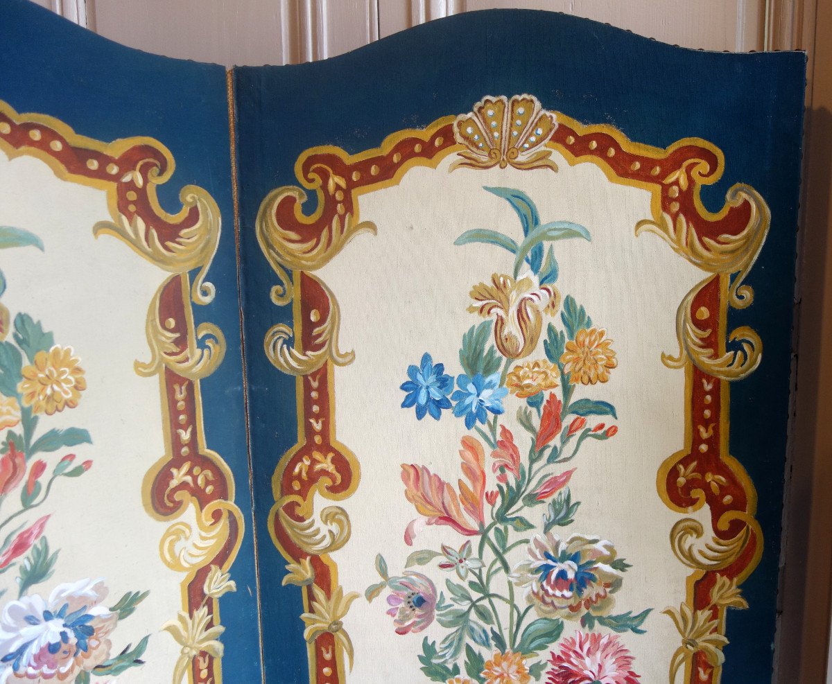 The Attics Of A Château - Painted Canvas Screen From The Napoleon III Period - Louis XV Style 19th-photo-1