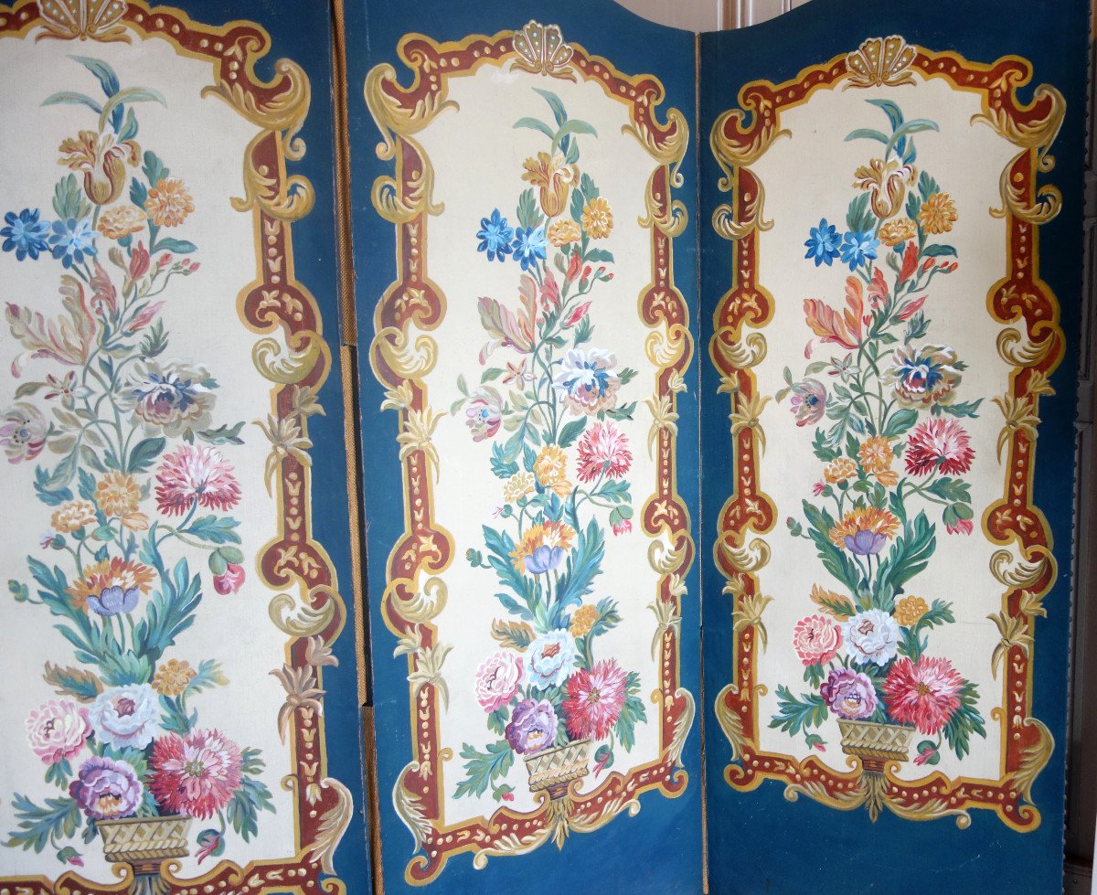 The Attics Of A Château - Painted Canvas Screen From The Napoleon III Period - Louis XV Style 19th-photo-2