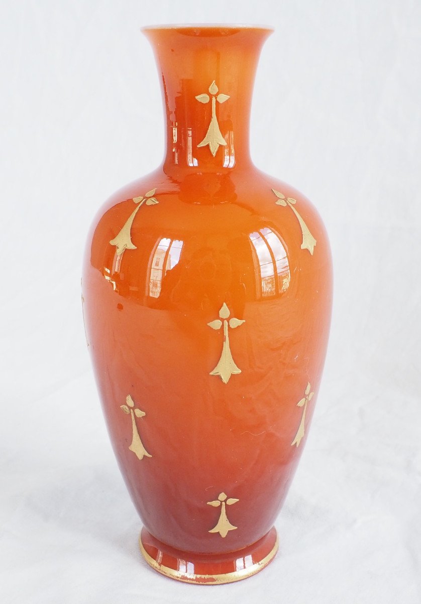 Baccarat - Paire De Vases En Opaline Orange Et Or - époque 1900-photo-3