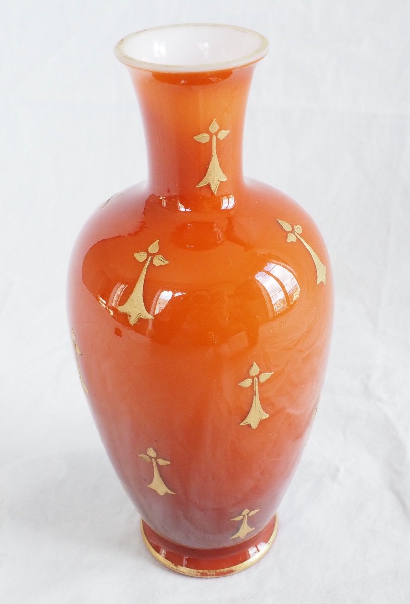 Baccarat - Paire De Vases En Opaline Orange Et Or - époque 1900-photo-4