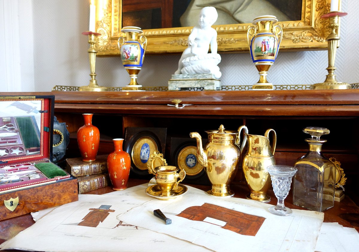 Baccarat - Paire De Vases En Opaline Orange Et Or - époque 1900-photo-8