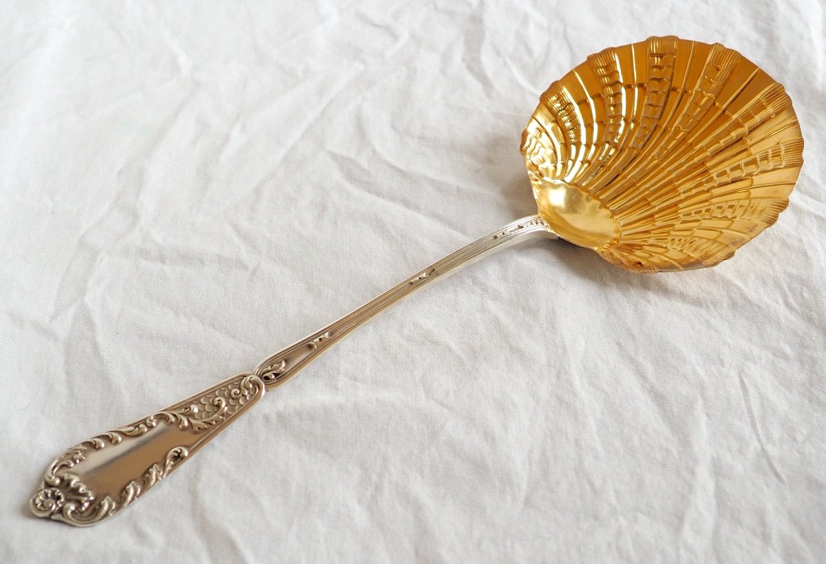 Sterling Silver & Vermeil Strawberry Serving Spoon, Louis XV Style - Silversmith Henri Lapeyre-photo-2