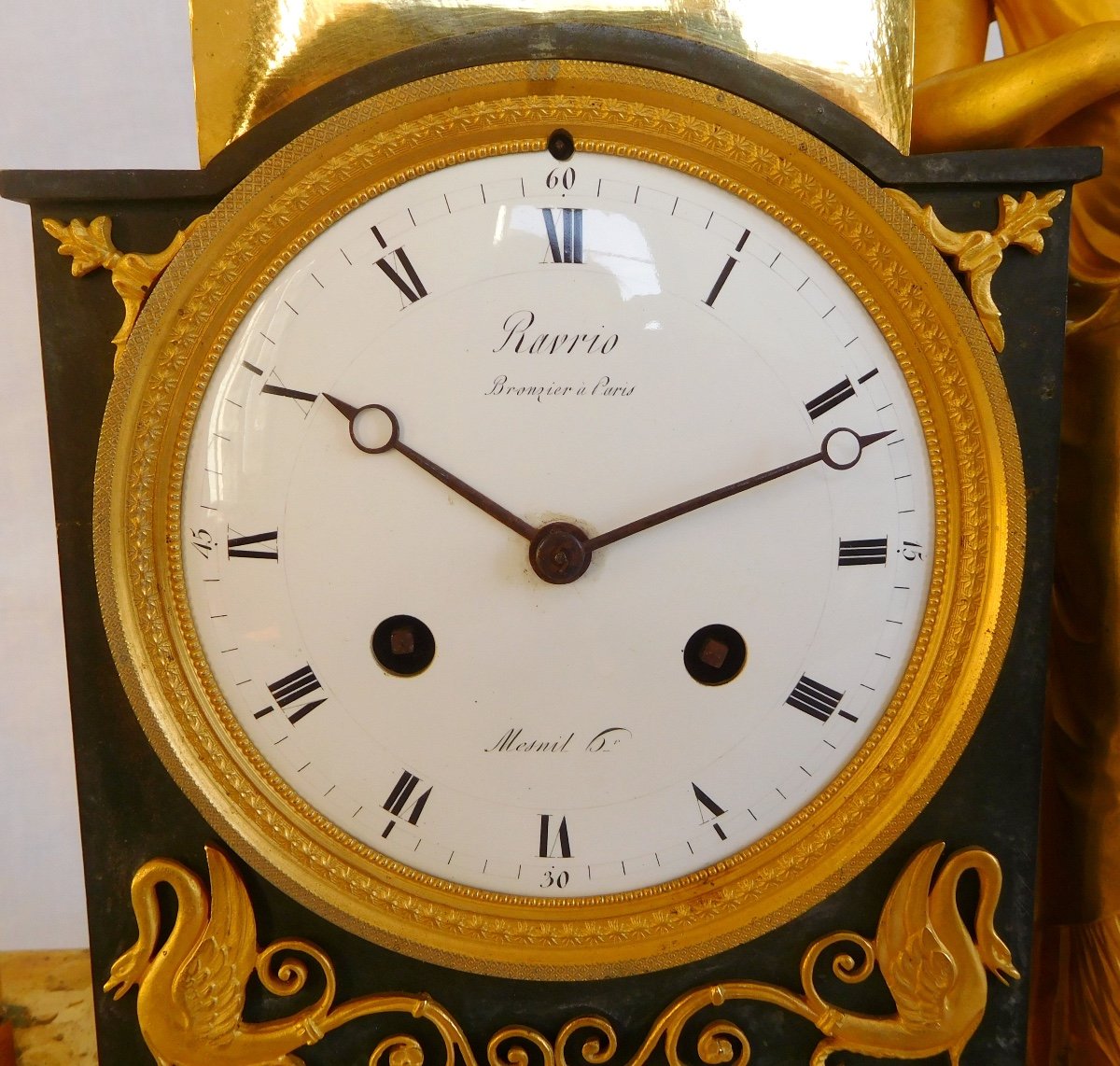 Ravrio & Mesnil : Empire Ormolu Clock, Mercury Gilt, Early 19th Century - Signed-photo-1