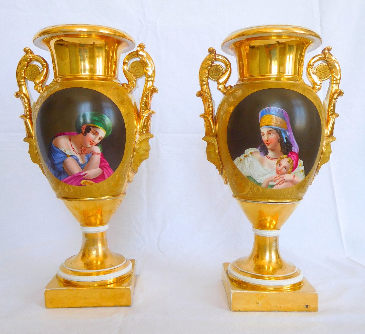 Pair Of Tall Empire Paris Porcelain Vases, Fauveau Manufacture - Early 19th Century - 36cm-photo-2