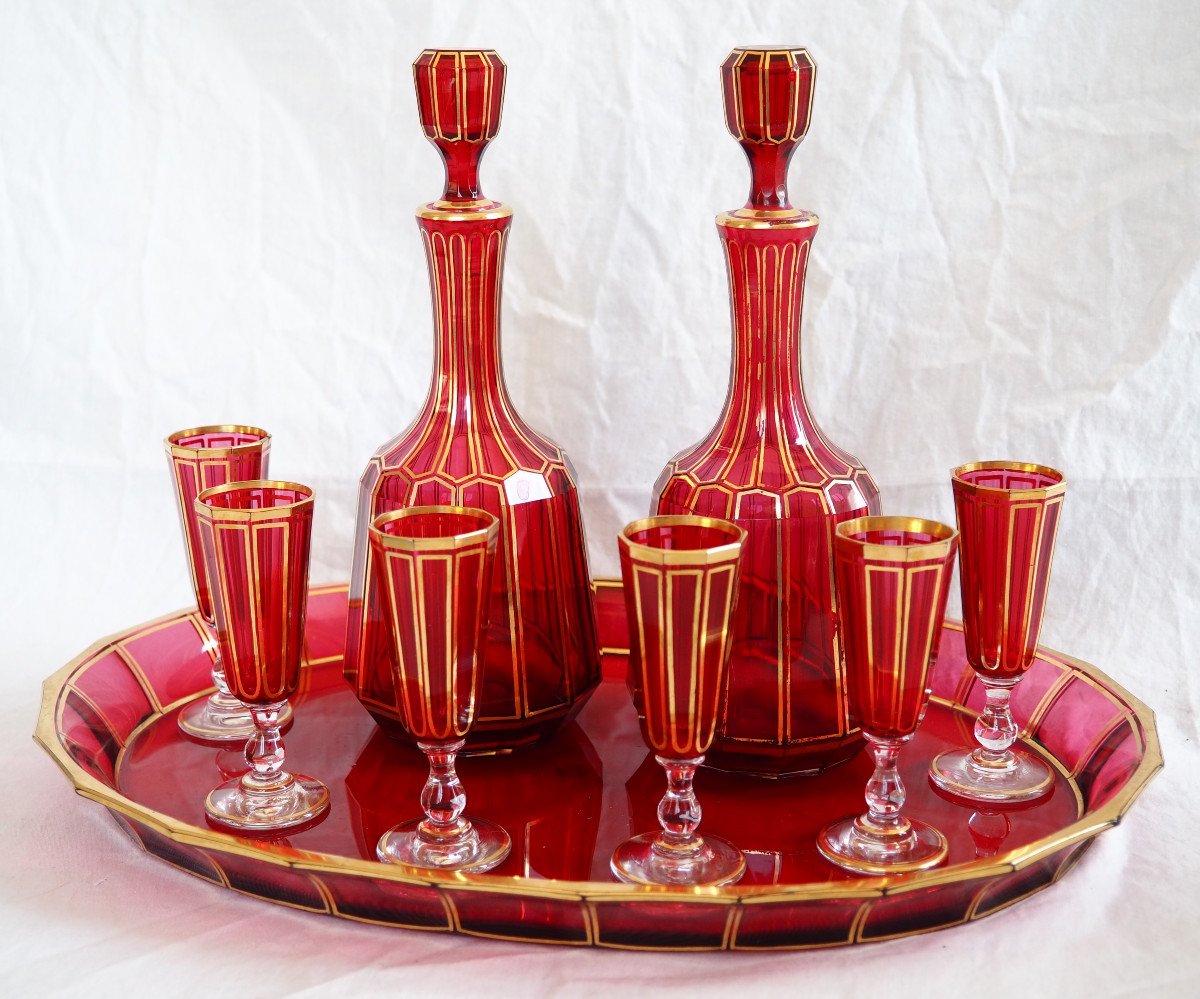 Baccarat - Liqueur Service In Ruby Red And Gold Crystal, Fluted Model Paper Label-photo-2