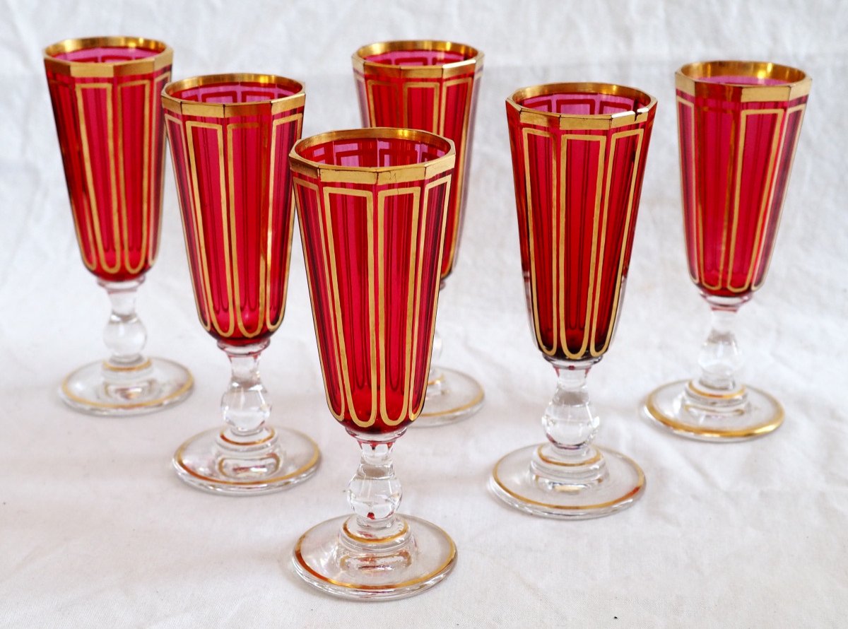 Baccarat - Liqueur Service In Ruby Red And Gold Crystal, Fluted Model Paper Label-photo-3