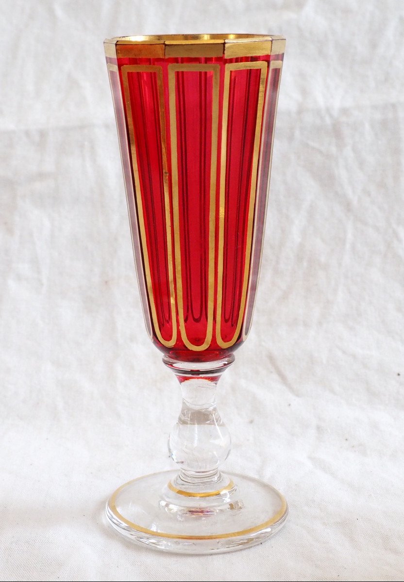 Baccarat - Liqueur Service In Ruby Red And Gold Crystal, Fluted Model Paper Label-photo-2