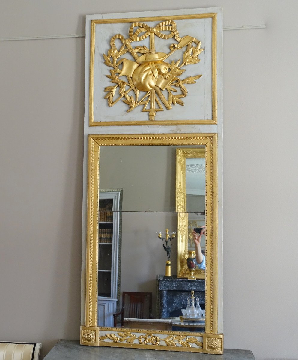 Provençal Trumeau, Entre Deux Mirror From The Louis XVI Period - Gilded Gold Leaf, Mercury Glaze-photo-3