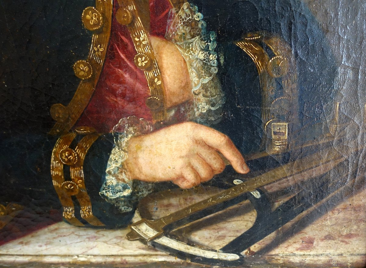 Portrait d'Un Officier De Marine Avec Son Sextant - époque Louis XV - Huile Sur Toile 75 X 97cm-photo-1