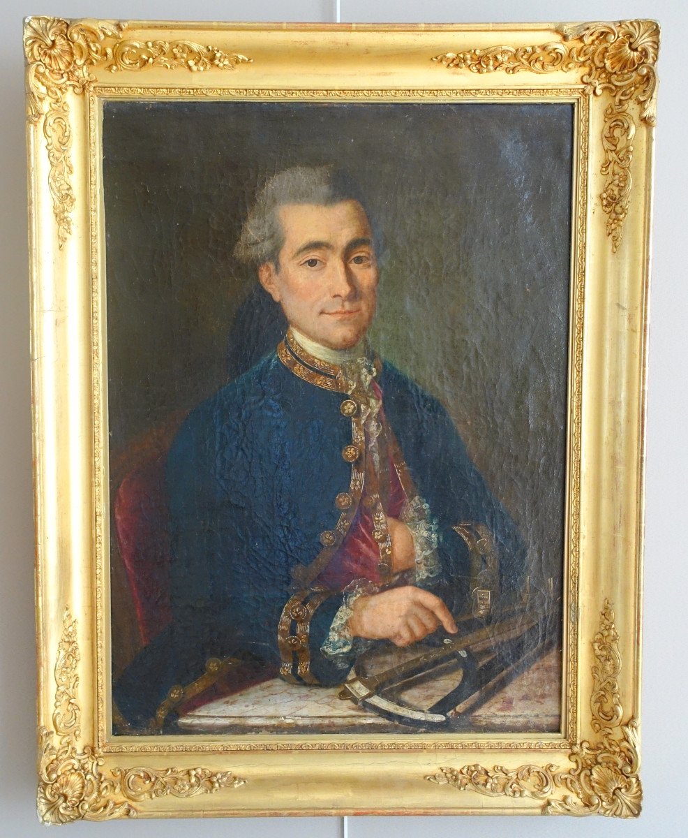 Portrait d'Un Officier De Marine Avec Son Sextant - époque Louis XV - Huile Sur Toile 75 X 97cm