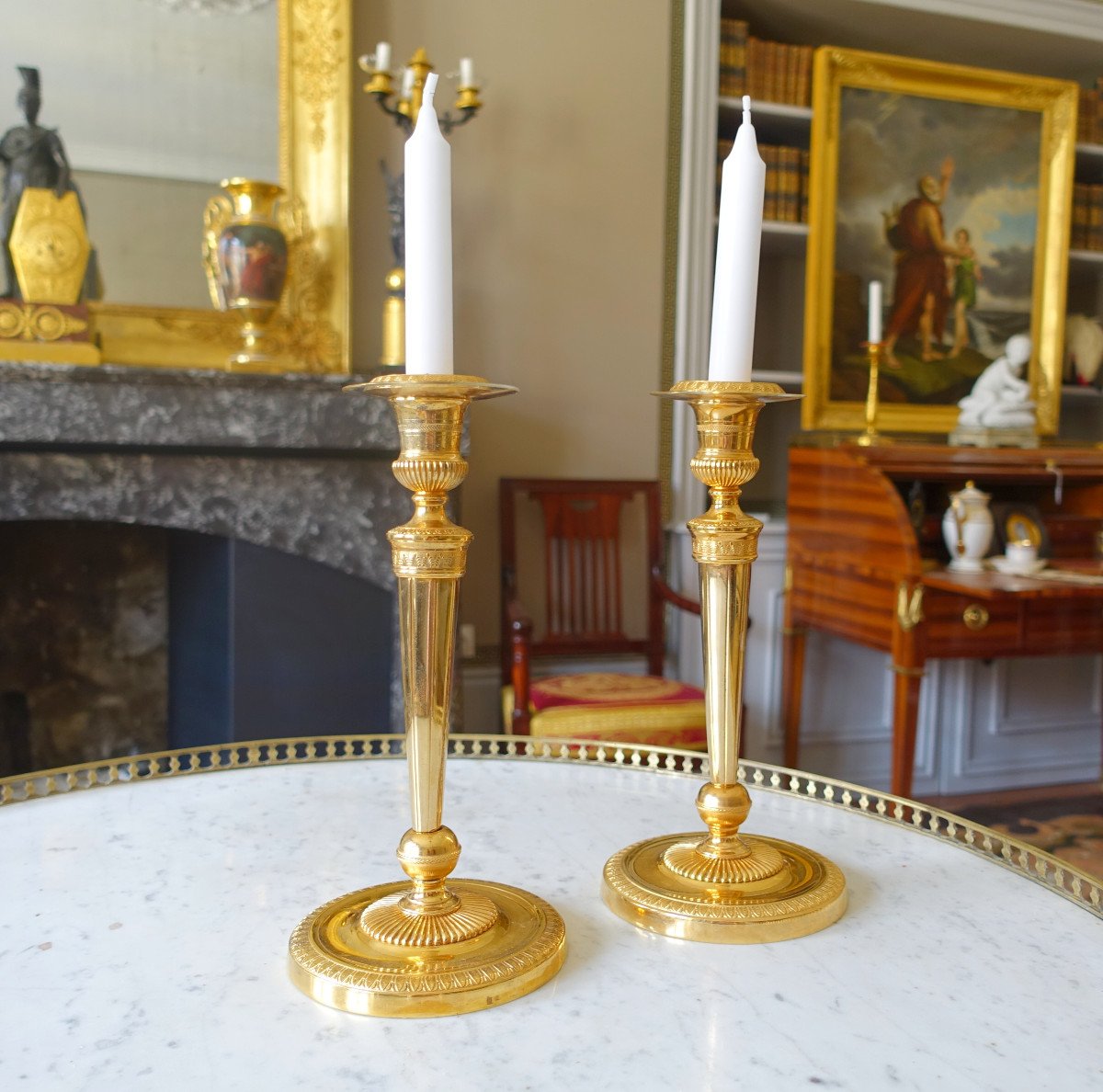 Ravrio - Pair Of Empire Period Candlesticks In Gilt Bronze Model From The Chateau De Fontainebleau-photo-6