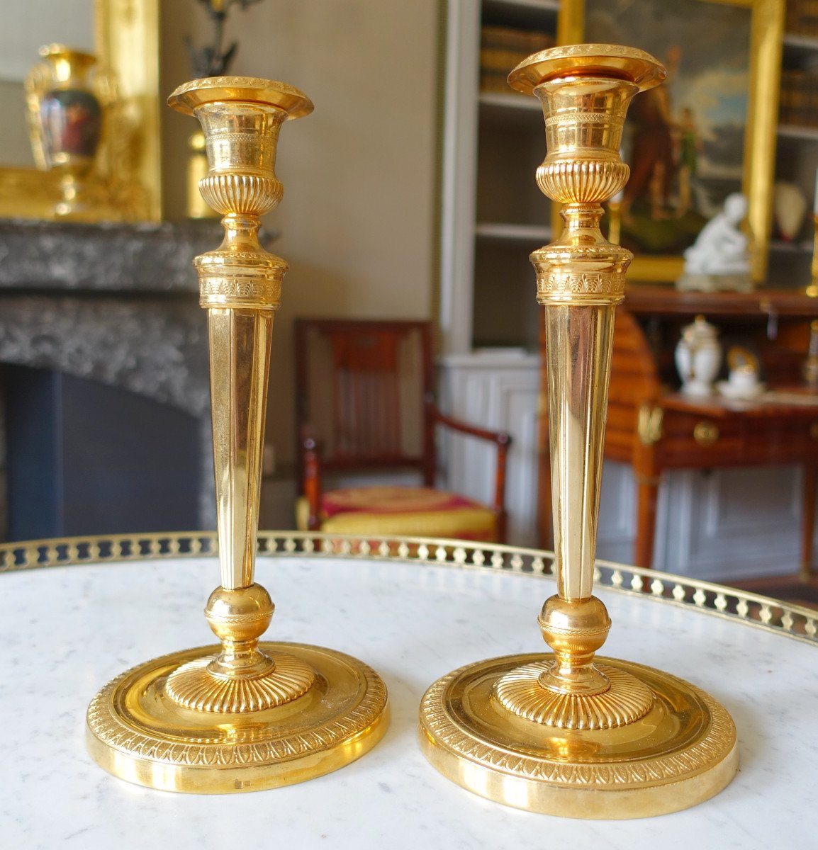 Ravrio - Pair Of Empire Period Candlesticks In Gilt Bronze Model From The Chateau De Fontainebleau-photo-7