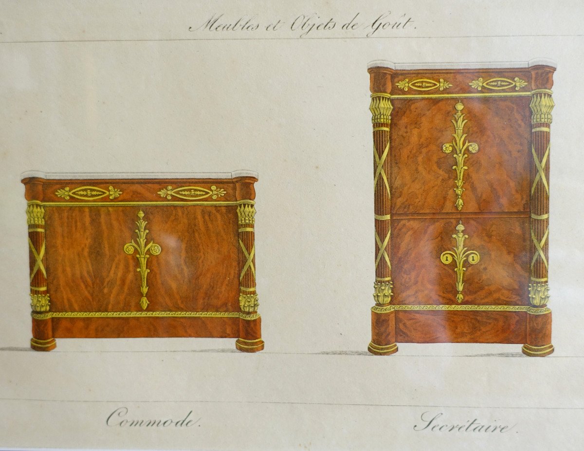 La Mésangère - Furniture And Objects Of Taste At The Early 19th Century, Polychrome Engravings Golden Wood Frame 1/7-photo-2