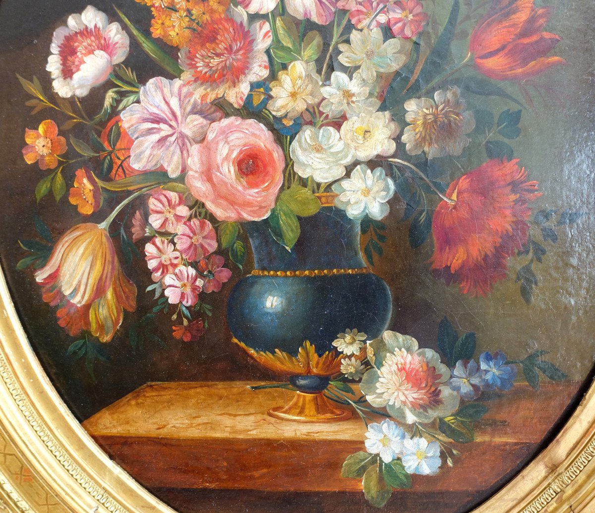 Ecole Du 18e Siècle, Suiveur De Vallayer Coster, Tableau De Fleurs Sur Un Entablement Hst 84x97-photo-3