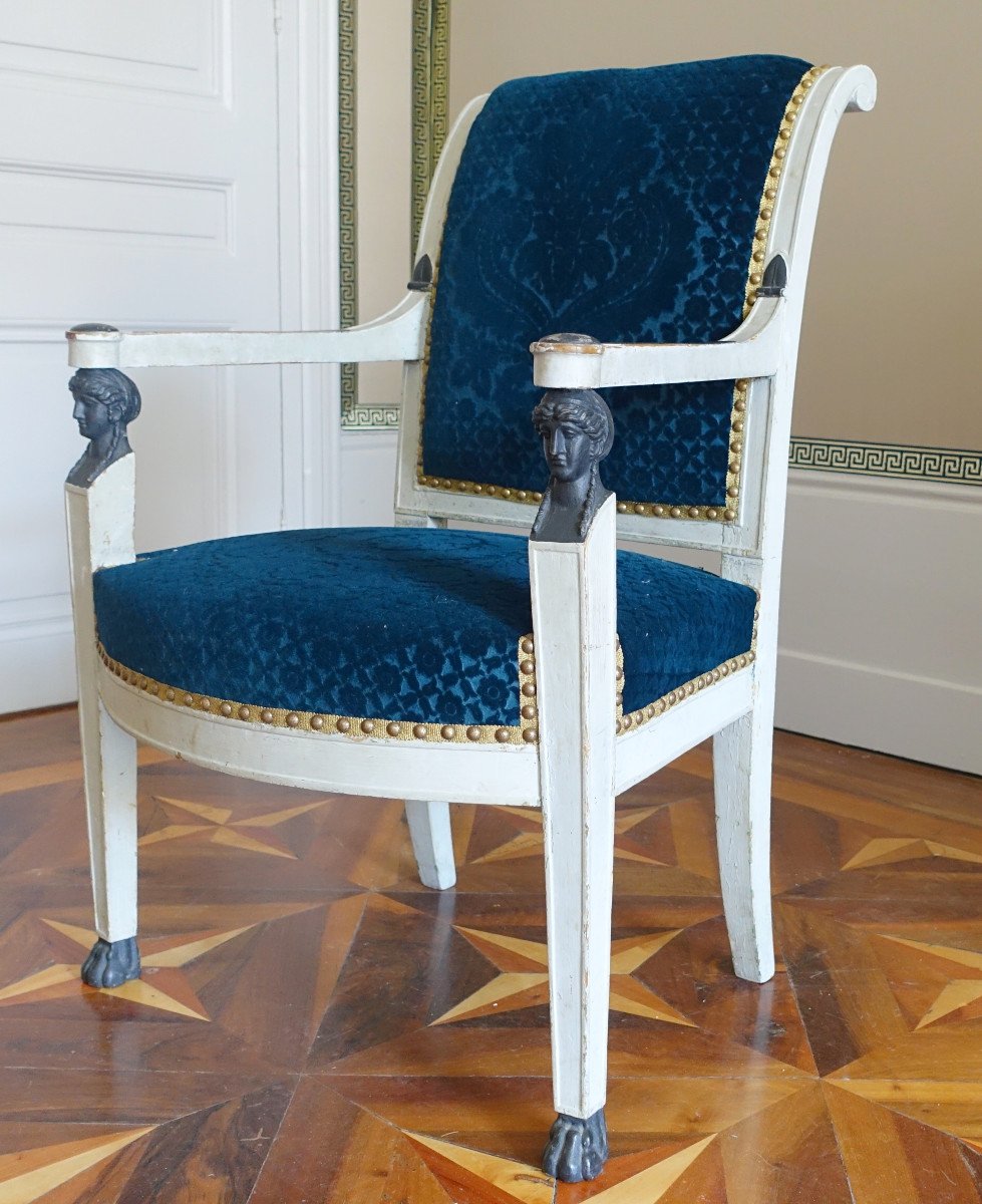 Paire De Fauteuils d'époque Consulat En Bois Laqué, Velours Frappé Lelièvre-bonvallet, Ca 1800 -photo-2