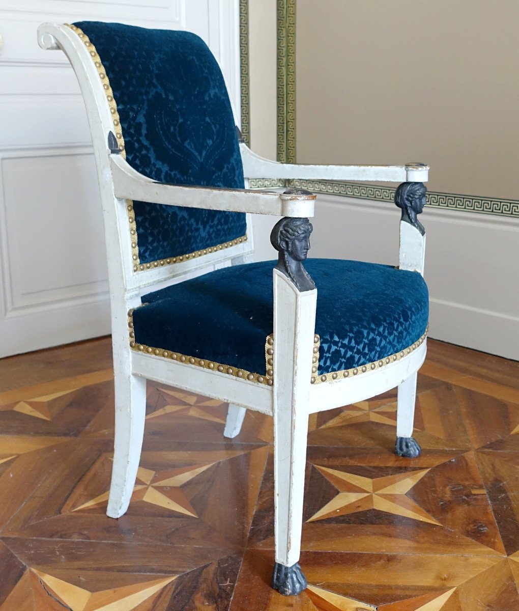 Paire De Fauteuils d'époque Consulat En Bois Laqué, Velours Frappé Lelièvre-bonvallet, Ca 1800 -photo-3