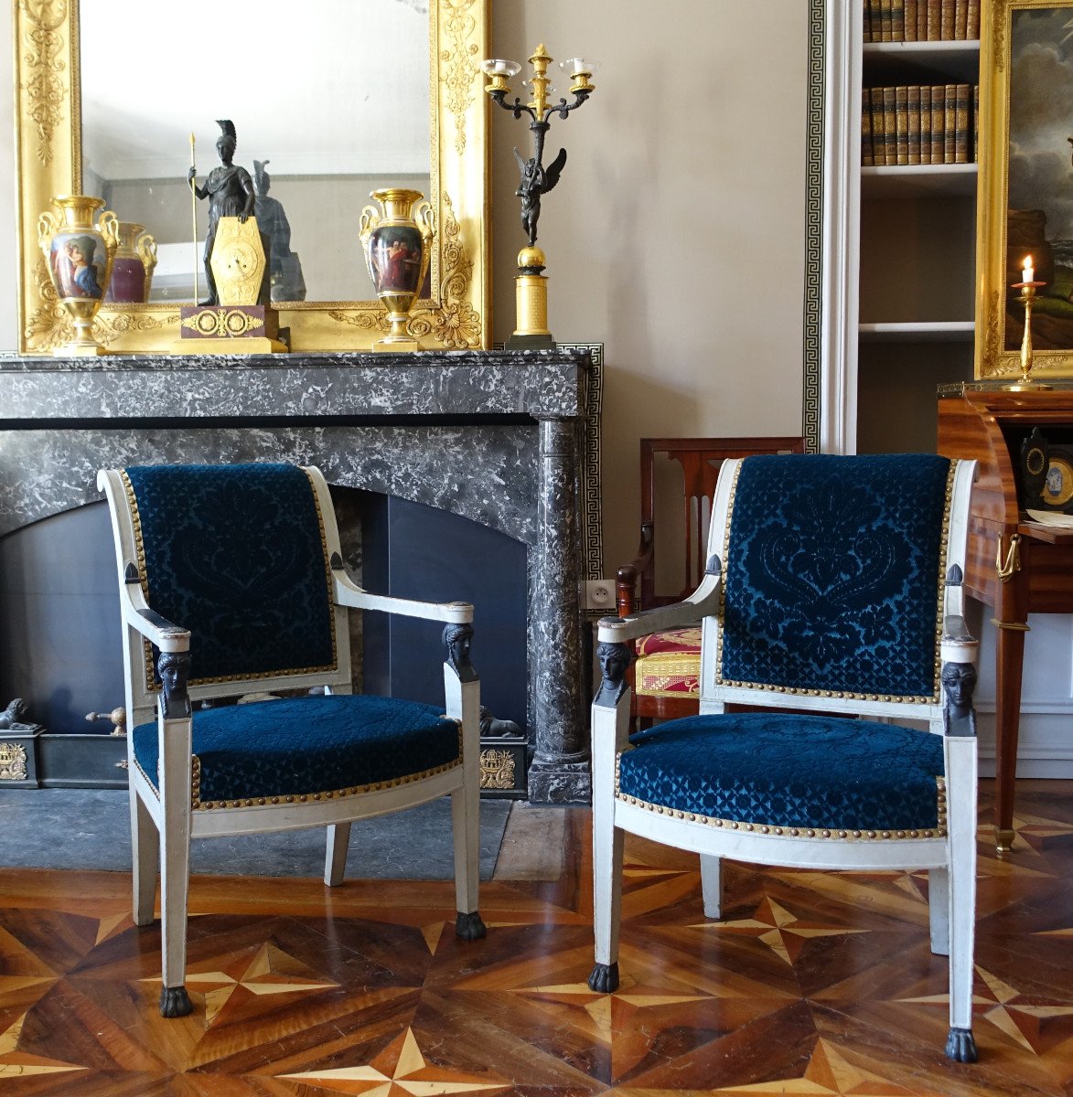 Paire De Fauteuils d'époque Consulat En Bois Laqué, Velours Frappé Lelièvre-bonvallet, Ca 1800 -photo-8