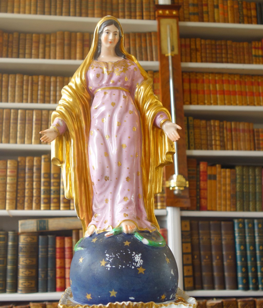 Grande Statue Vierge De l'Assomption En Porcelaine Polychrome Attribuée à Jacob Petit - Ca 1840-photo-4