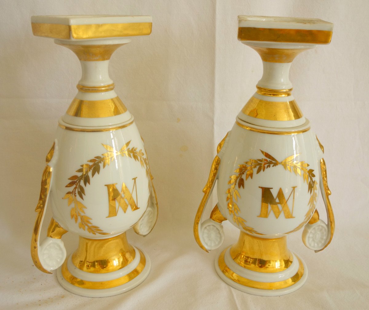 Pair Of Empire Altar Vases - From Paris Porcelain Chapel, White And Gold Decor - 24.5cm-photo-1