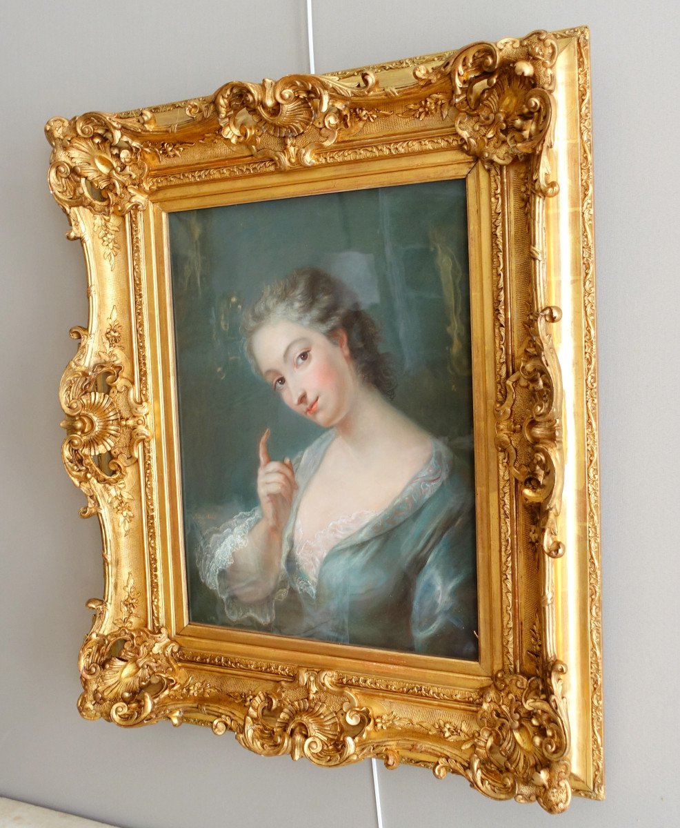 Portrait Pastel De Style Louis XV d'Après Van Loo - Très Riche Cadre Rocaille En Bois Doré -photo-3