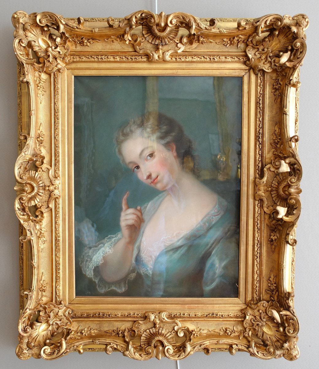 Portrait Pastel De Style Louis XV d'Après Van Loo - Très Riche Cadre Rocaille En Bois Doré 