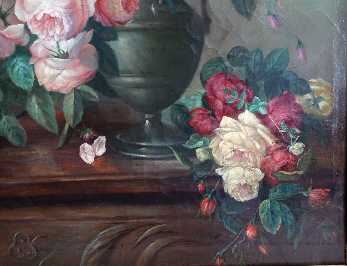 Bouquet Of Flowers / Roses On An Entablature - 19th Century Lyon School - 76.5cm X 104cm-photo-3