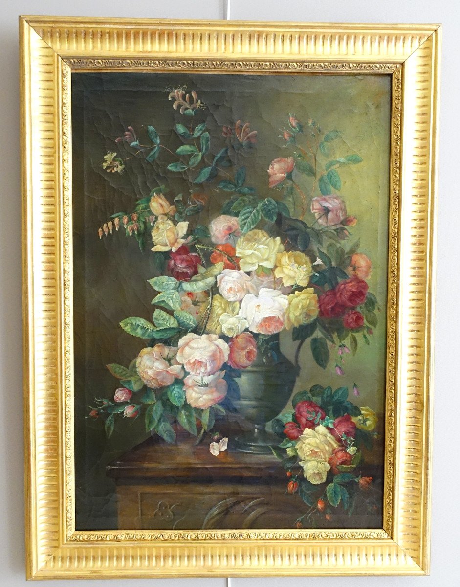 Bouquet Of Flowers / Roses On An Entablature - 19th Century Lyon School - 76.5cm X 104cm