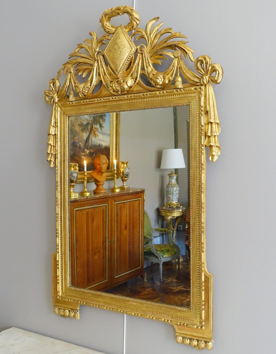 Grand Miroir d'époque Louis XVI En Bois Sculpté Et Doré -photo-3