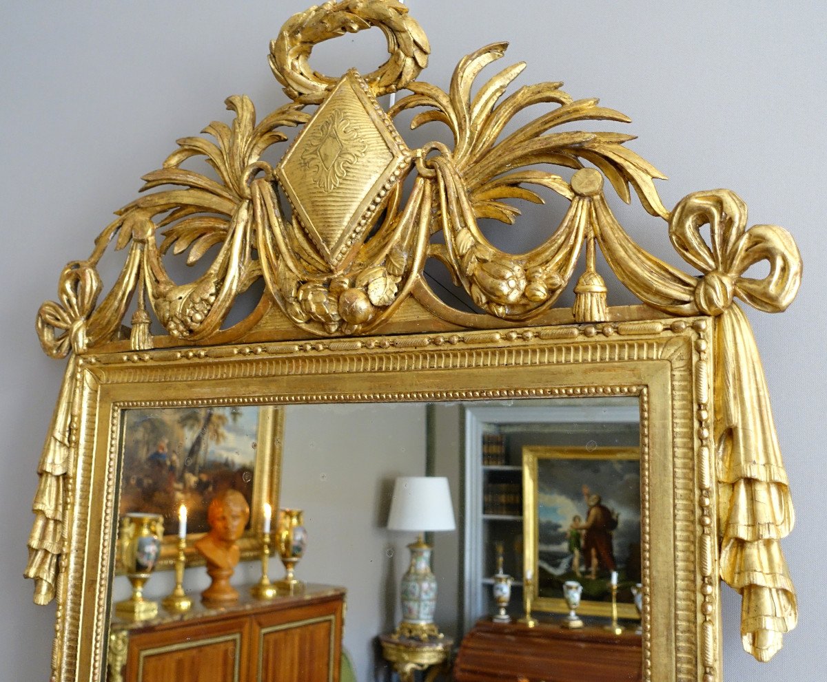 Grand Miroir d'époque Louis XVI En Bois Sculpté Et Doré -photo-2